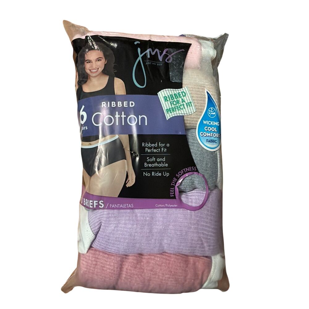JMS Just My Size Women's Plus Size 6-Pack Ribbed Cotton Briefs Size 14 34/36 New